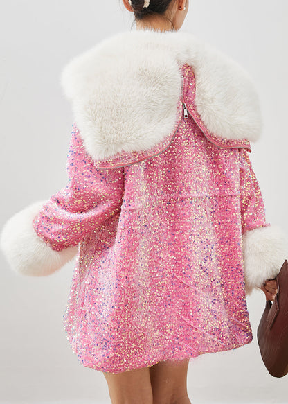 Pink Faux Fur Velour Hoodie Coat Outwear Sequins Drawstring Winter