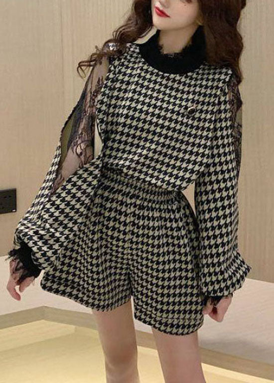 Style White Lace Patchwork Stand Collar Tops Shorts Two-piece Set Spring