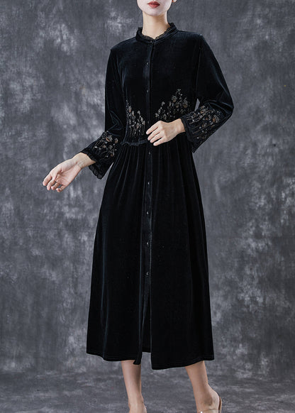 Black Embroideried Ruffled Silk Velour Dress Spring