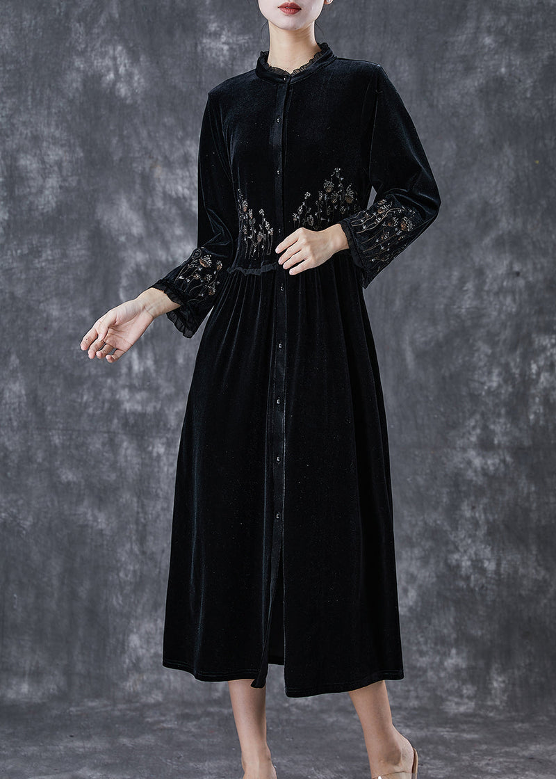 Black Embroideried Ruffled Silk Velour Dress Spring