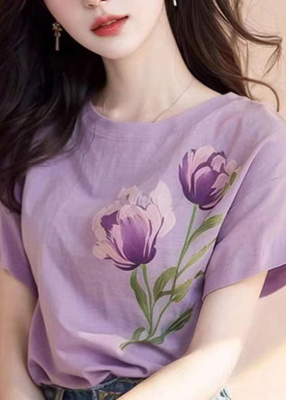 Purple O Neck Print Cotton T Shirt Short Sleeve