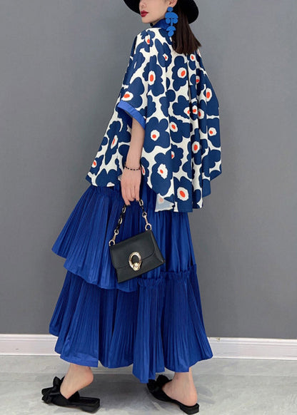 Italian Blue Peter Pan Collar Ruffled Patchwork Print Chiffon Shirts and Skirts Two Pieces Short Sleeve