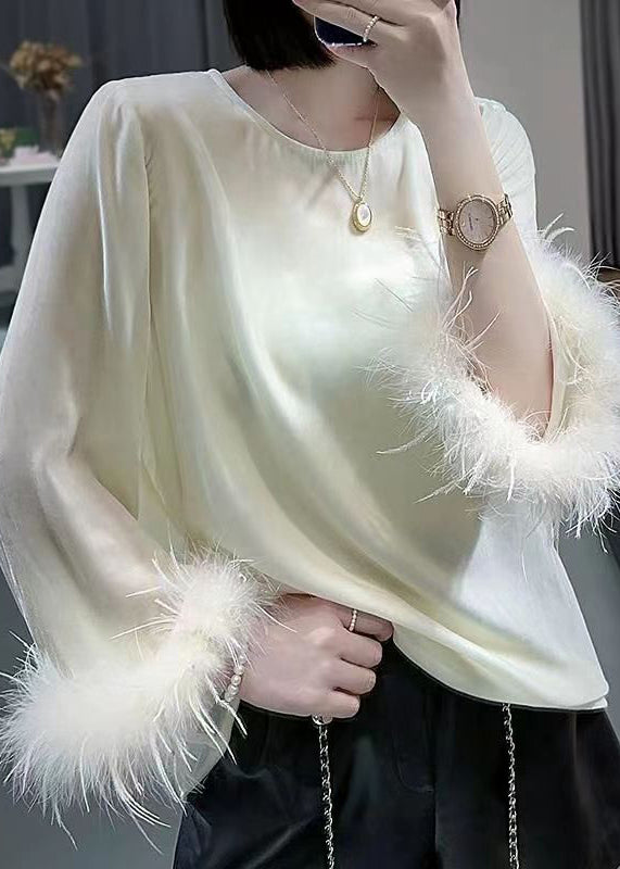 Apricot O Neck Patchwork Silk Velour Tops Long Sleeve