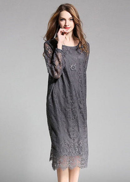 Grey Lace Party Dress O-neck Hollow Out Long Sleeve