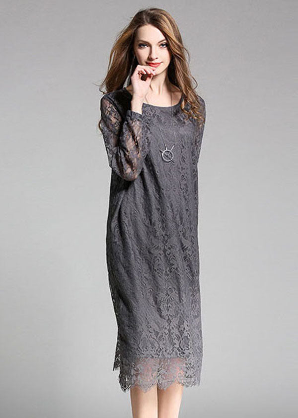 Grey Lace Party Dress O-neck Hollow Out Long Sleeve