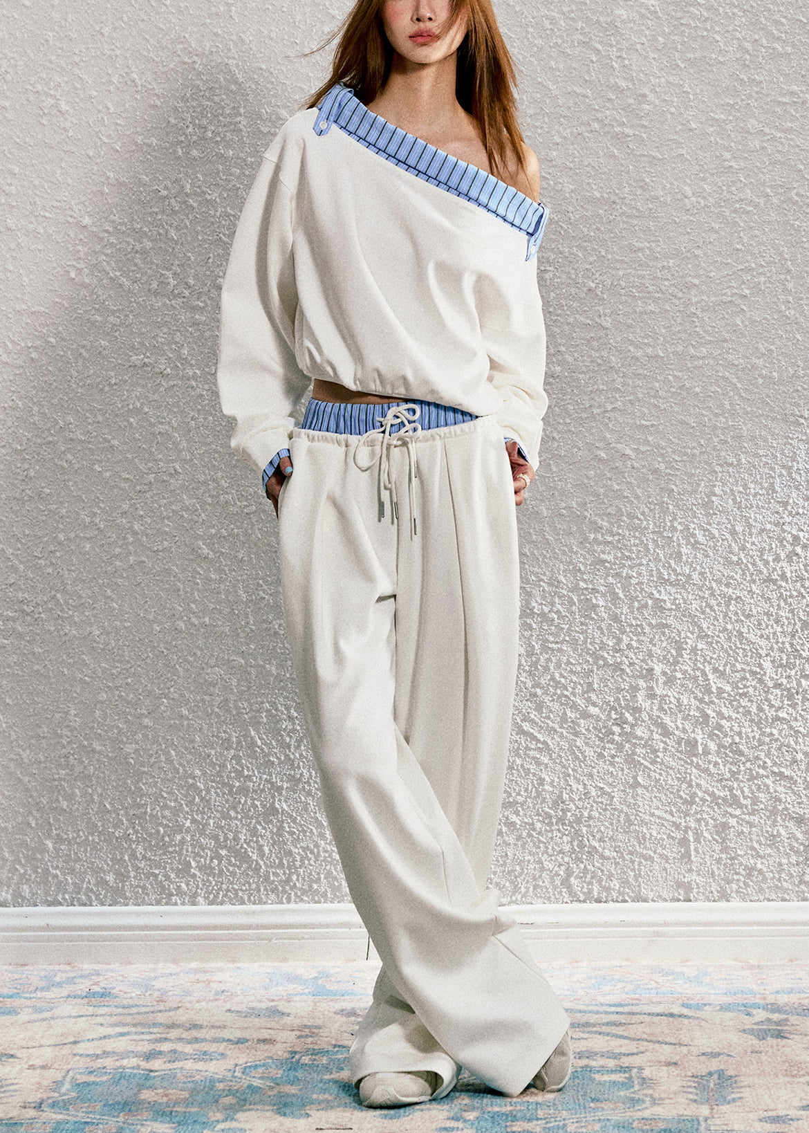 Original Striped Lapel Sloping Shoulder Sweatshirt and Pants Set Spring