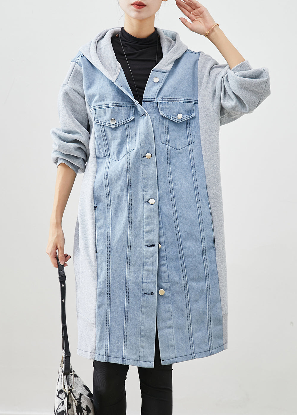 Blue Hooded Denim Patchwork Cotton Trench Fall
