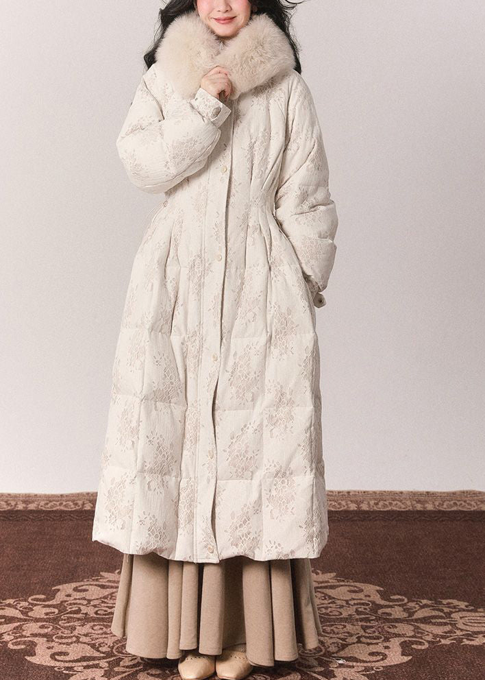 Beige Fur Collar Print Button Tunic Maxi Down Jackets Winter