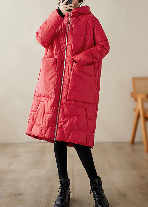 Red Hooded Pockets Fine Cotton Filled Coat Winter