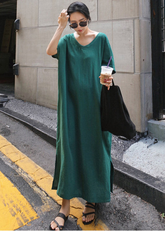 Green V Neck Side Open Long Dress Short Sleeve