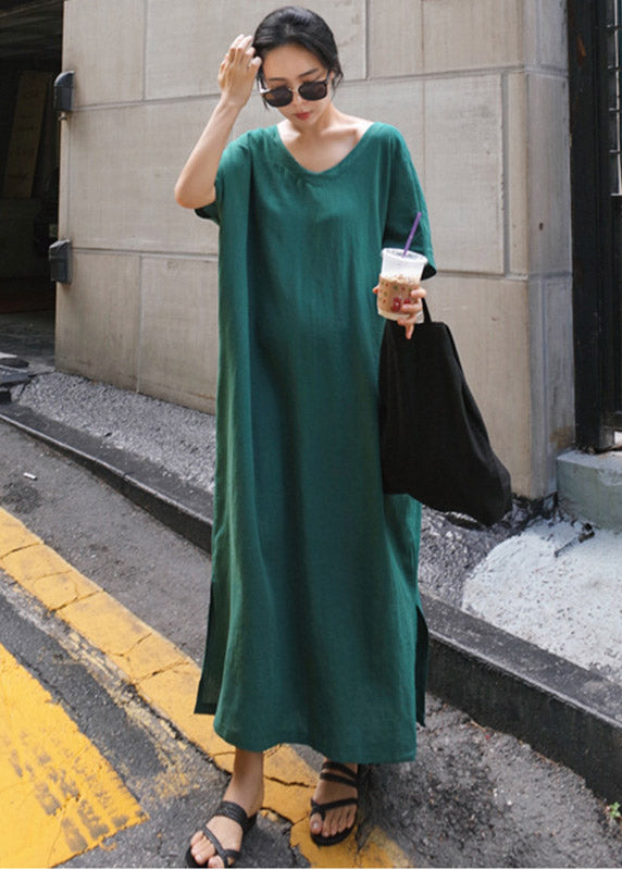 Green V Neck Side Open Long Dress Short Sleeve