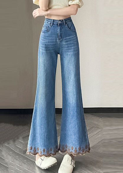 New Blue Pockets Patchwork Denim Flared Trousers Fall