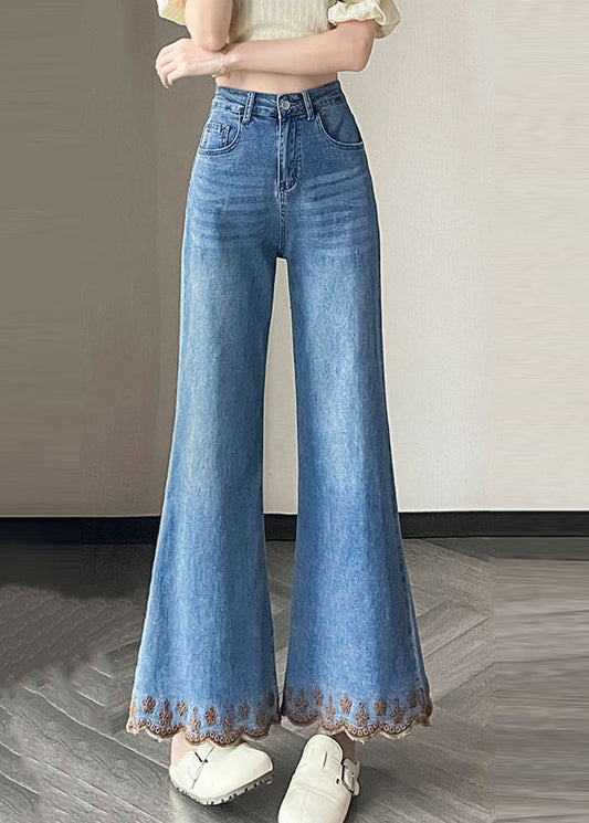 New Blue Pockets Patchwork Denim Flared Trousers Fall