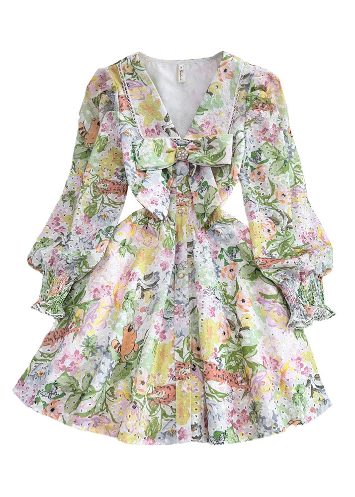 Green V Neck Print Tunic Bow Mid Dresses Long Sleeve