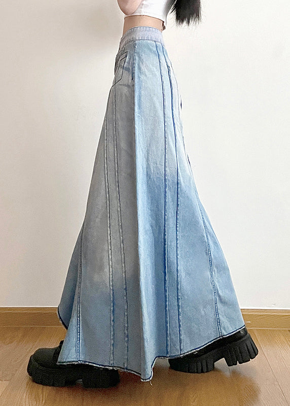 Modern Denim Blue Asymmetrical Ruffled Patchwork High Waist a Line Skirt Spring