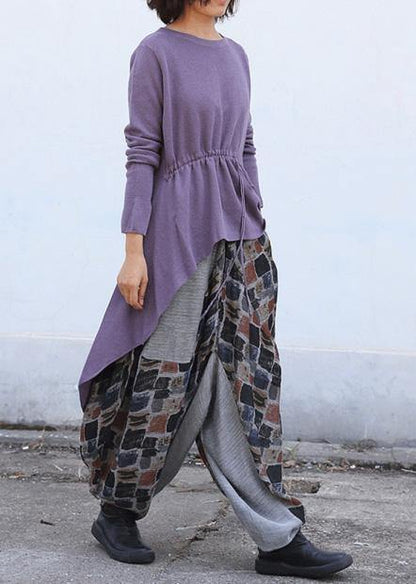 Purple Clothes O Neck Knitted Blouse Drawstring Asymmetric