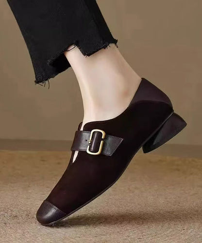 Brown Suede Buckle Strap Splicing Chunky Loafers for