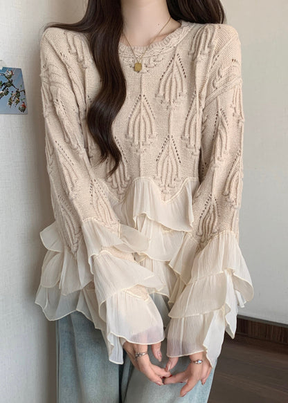 Apricot Ruffled Patchwork Knit Sweater Tops Fall