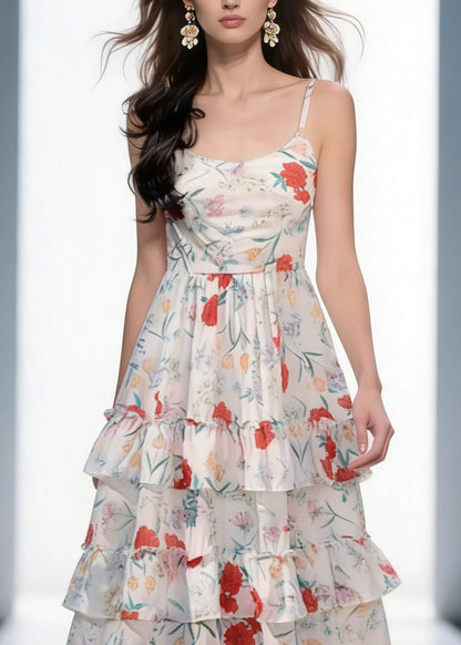 Backless Print Ruffled Cotton Spaghetti Strap Dress Sleeveless