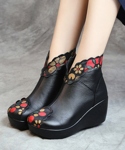 Red Splicing Cowhide Leather Ankle Boots Wedge