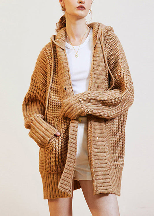 Italian Khaki Woolen Hooded Sweaters Coat Fall