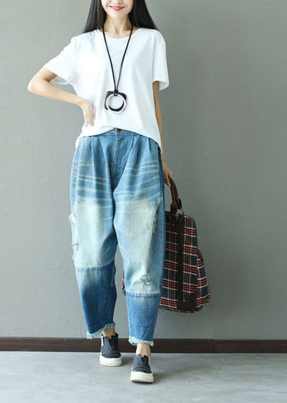 Denim Blue Elastic Waist Oversized Patchwork Cotton Harem Pants Ripped Jeans Spring