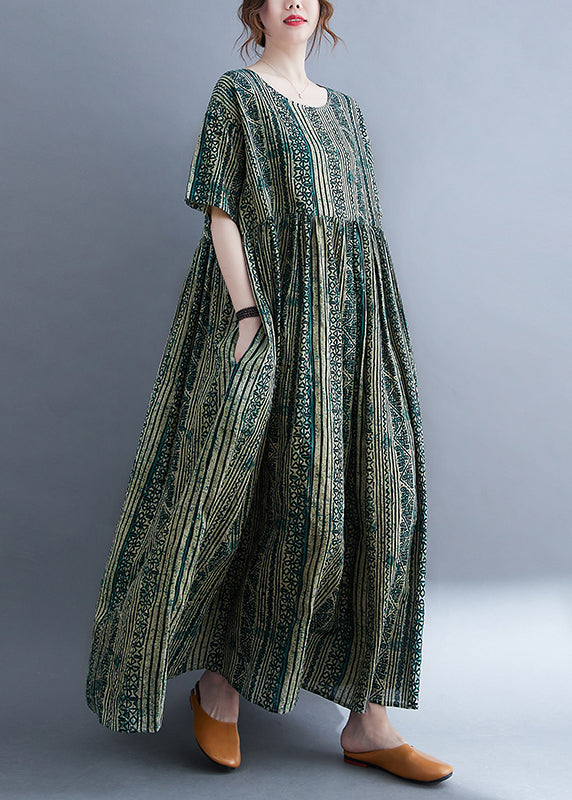 Green O-neck Cinched Print Extra Large Hem Long Dresses Short Sleeve