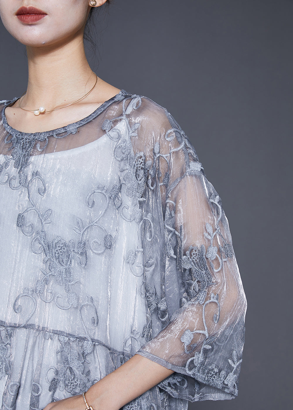 Grey Embroideried Tulle Robe Dresses Two Piece Set Summer