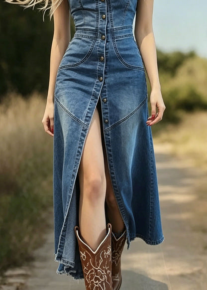 Blue Patchwork Side Open Denim Spaghetti Strap Dress Summer