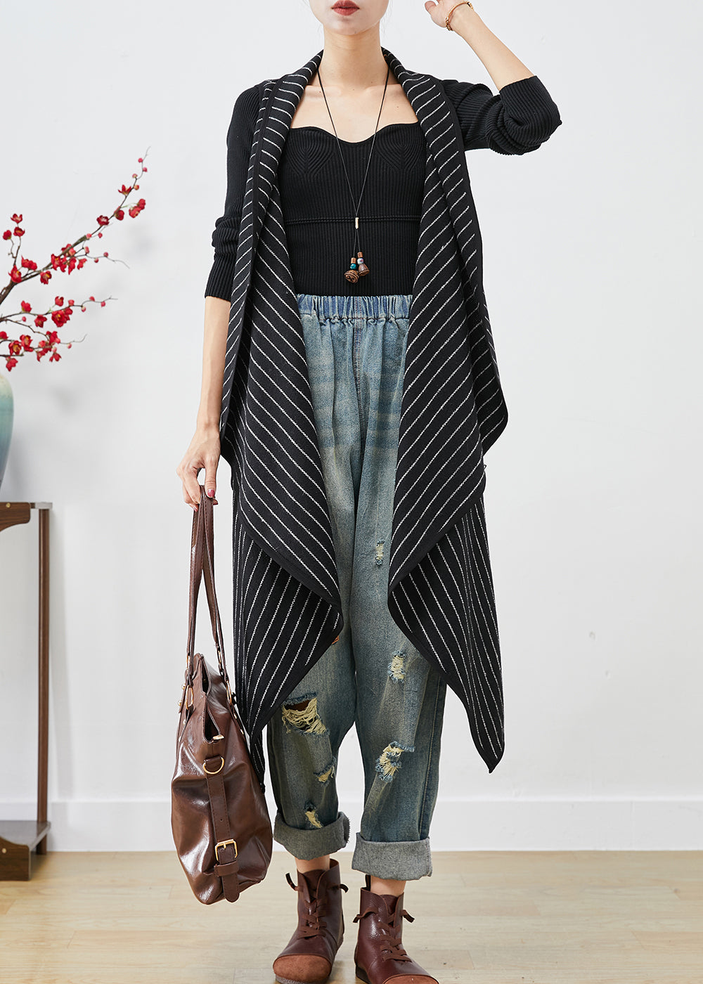 Black Asymmetrical Striped Cotton Long Vest Fall