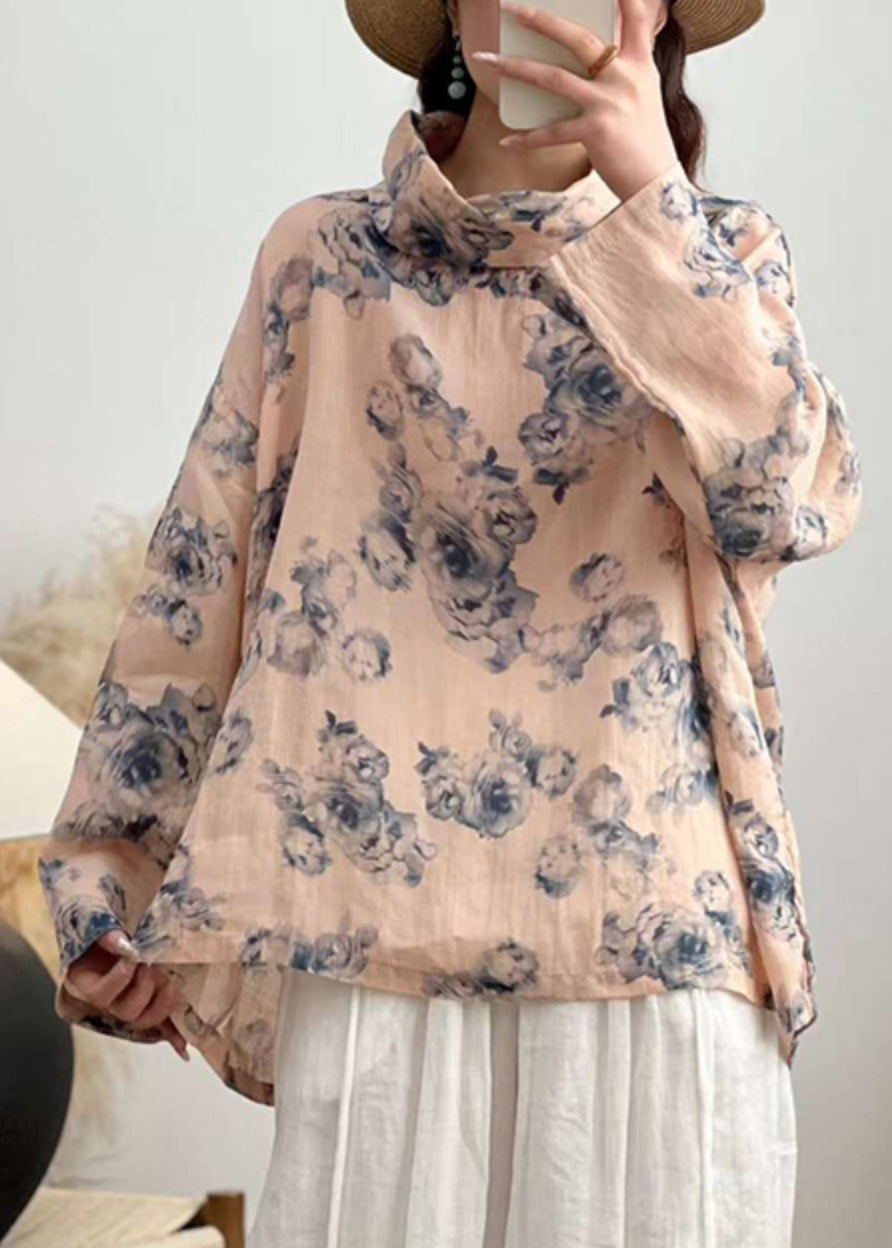 Pink Turtleneck Print Linen Shirt Long Sleeve