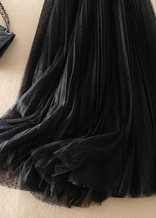 Black V Neck Sheepskin Patchwork Tulle Dress Sleeveless Summer