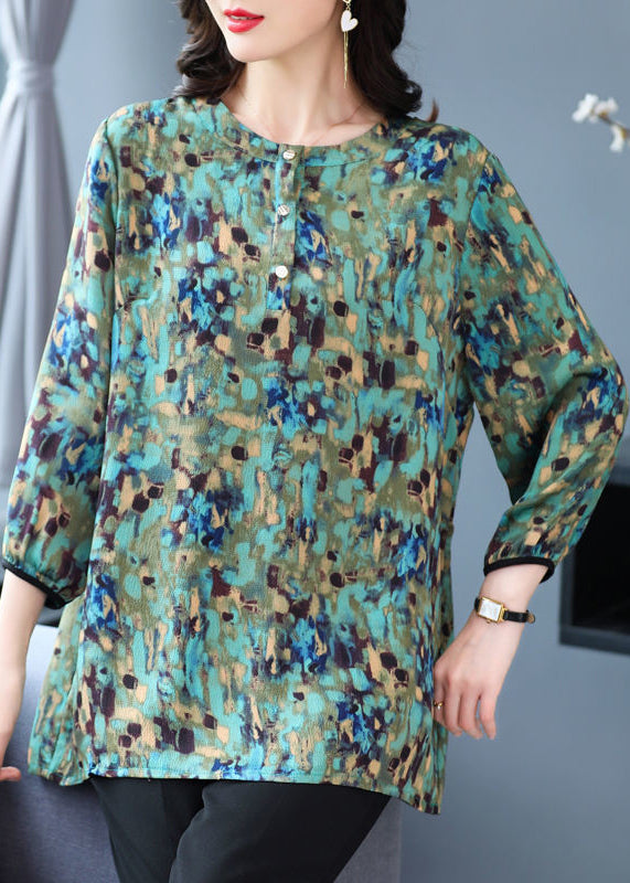 Green O Neck Print Patchwork Cotton Top Fall
