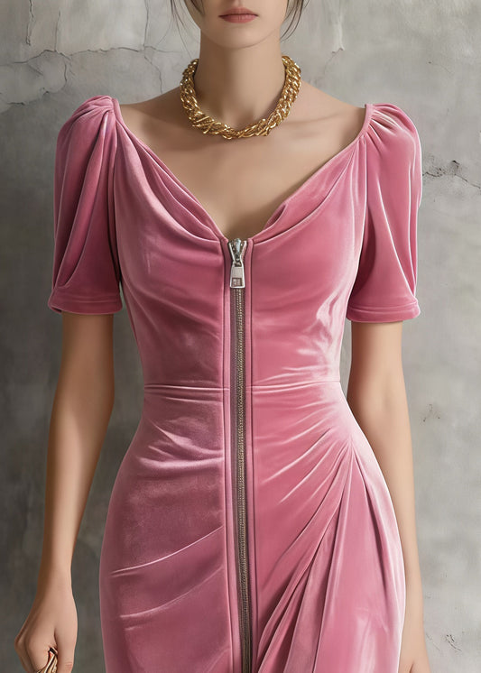 Fine Pink Puff Sleeve Zippered Silk Velvet Tea Dresses