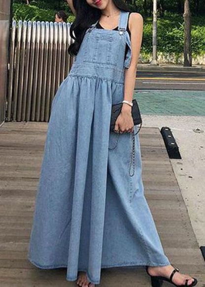 French Blue Wrinkled Patchwork Denim Long Dress Sleeveless Summer