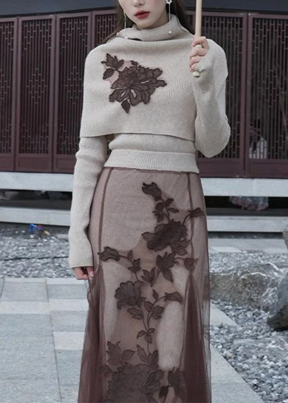 Art Khaki Embroideried Patchwork Silm Fit Knit Two Piece Top Set Winter