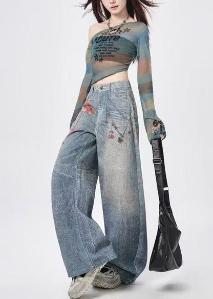 Unique Blue Oversized Print Denim Wide Leg Pants Spring