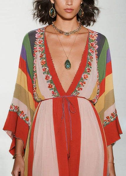 Colorblock Deep-v Neck Striped Chiffon Dress Summer