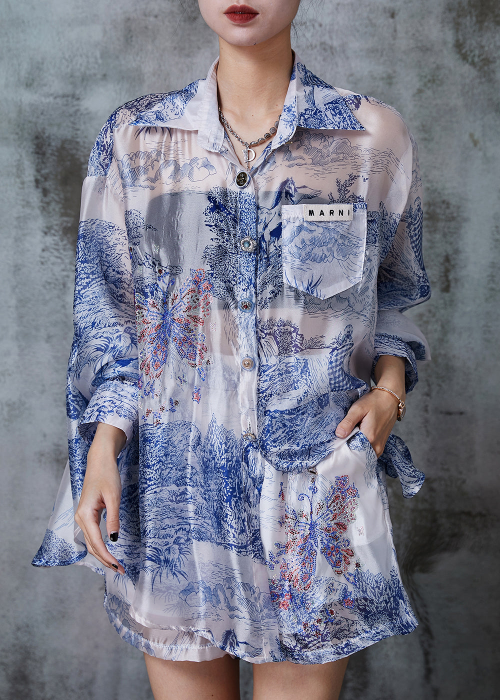 Blue Oversized Print Silk Upf 50+ Two Pieces Set Summer