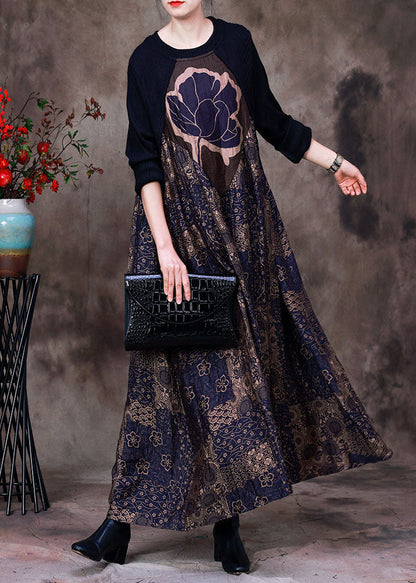 Stylish Purple O-neck Asymmetrical Patchwork Print Silk Dress Long Sleeve