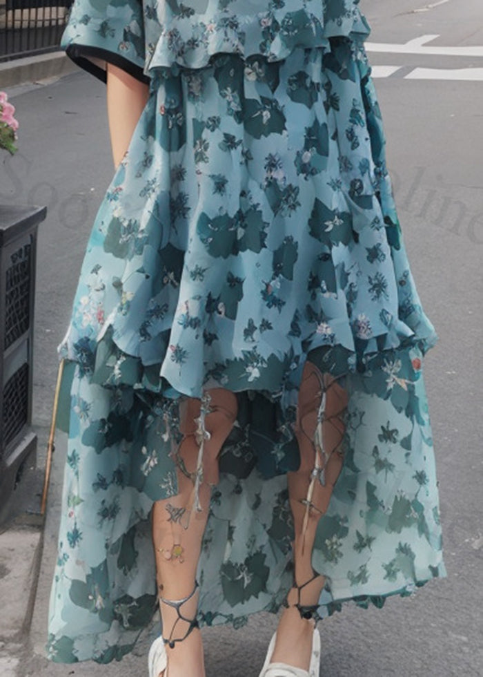 Blue Ruffled Print Hollow Out Silk Dresses Summer