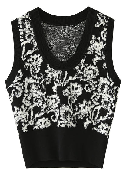 Black White Print U Neck Knitted Cotton Sweaters Waistcoat Sleeveless