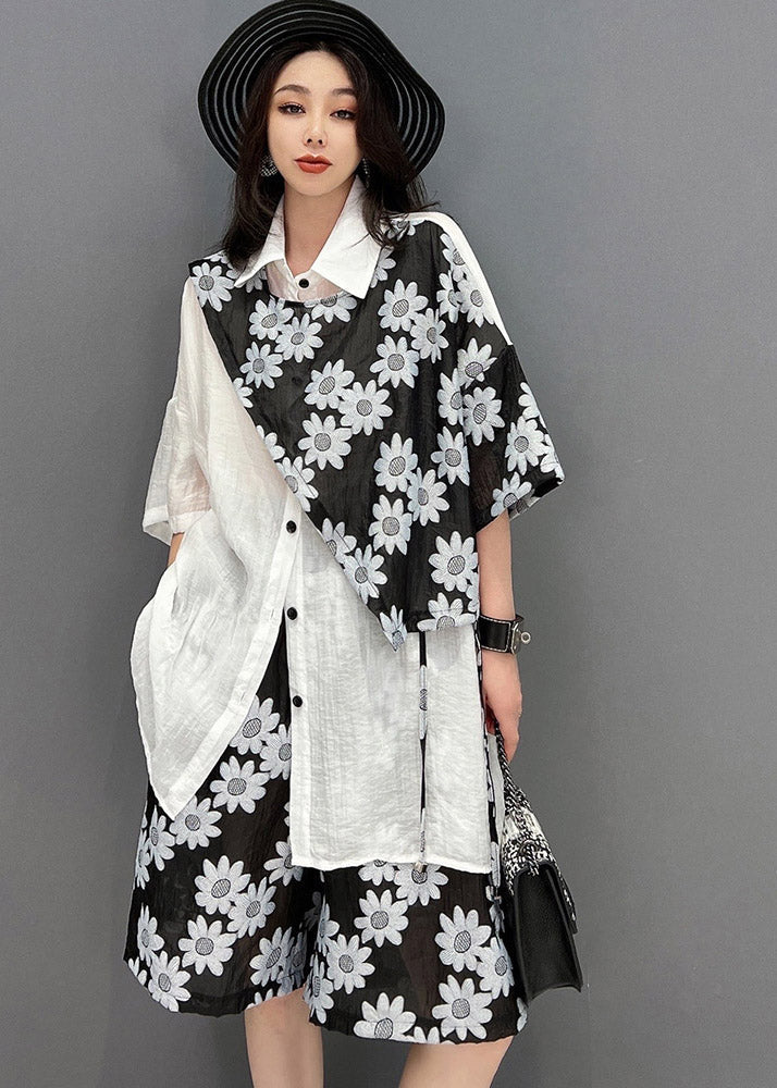 Loose White Patchwork Black Peter Pan Collar Print Shirts and Shorts Two Pieces Set Summer