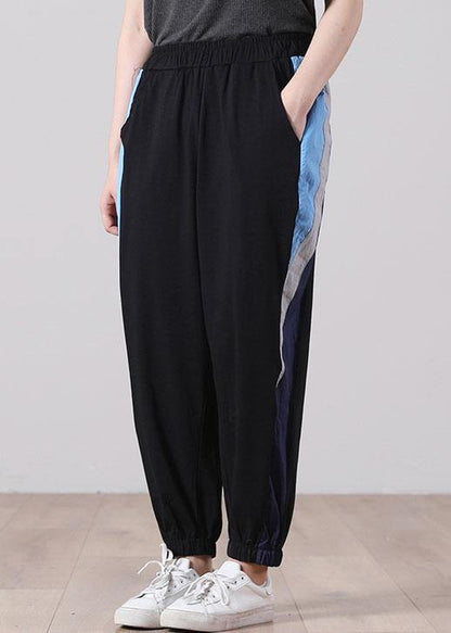 Black Elastic Waist Pockets Sports Cotton Pants