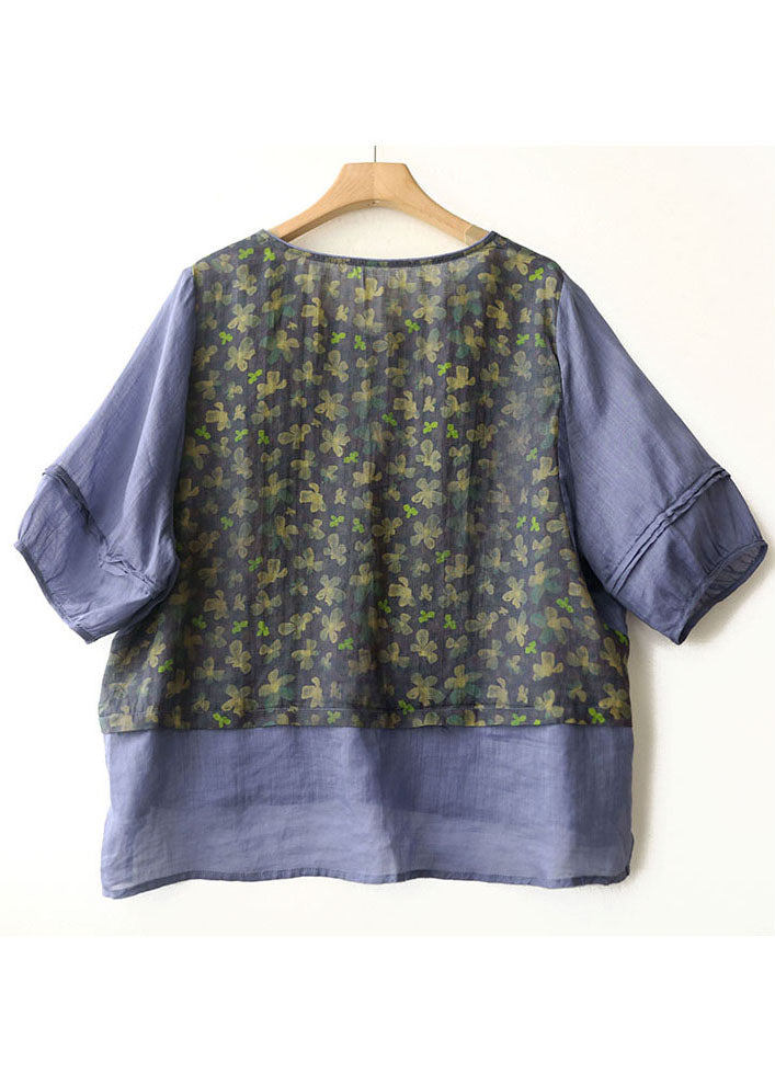 Purple V Neck Print Patchwork Linen Fake Two Piece Top Bracelet Sleeve