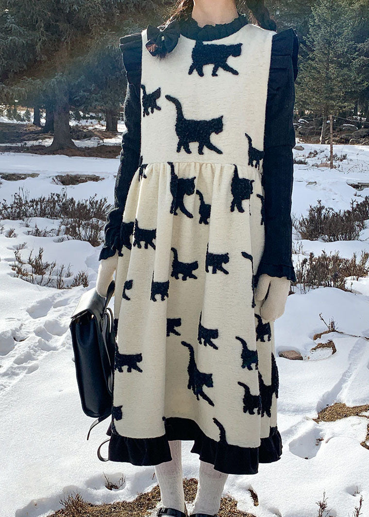 Classy Beige O-neck Bow Cats Print Wrinkled Ruffled Patchwork Woolen Long Dress Fall