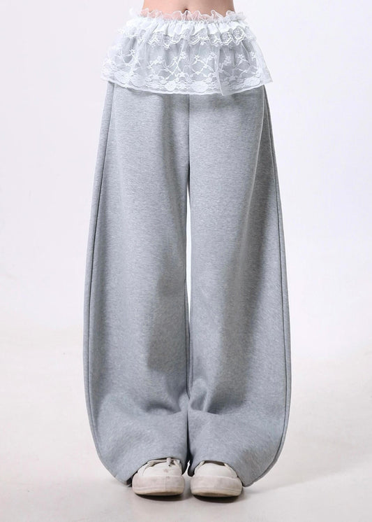 Grey Oversized Patchwork Lace Cotton Wide Leg Pants Spring