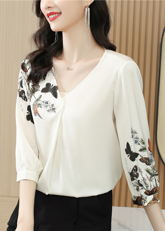 White V Neck Print Silk Top Long Sleeve