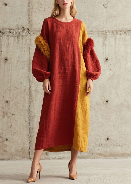 Colorblock O Neck Fuzzy Fur Patchwork Cotton Dress Fall