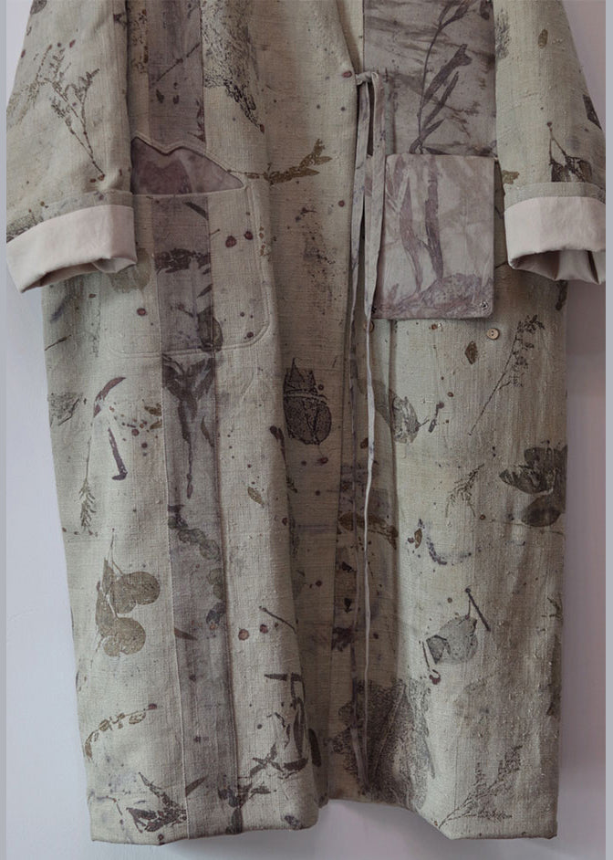 Dark Gray V Neck Lace Up Patchwork Cotton Long Trench Coats Fall